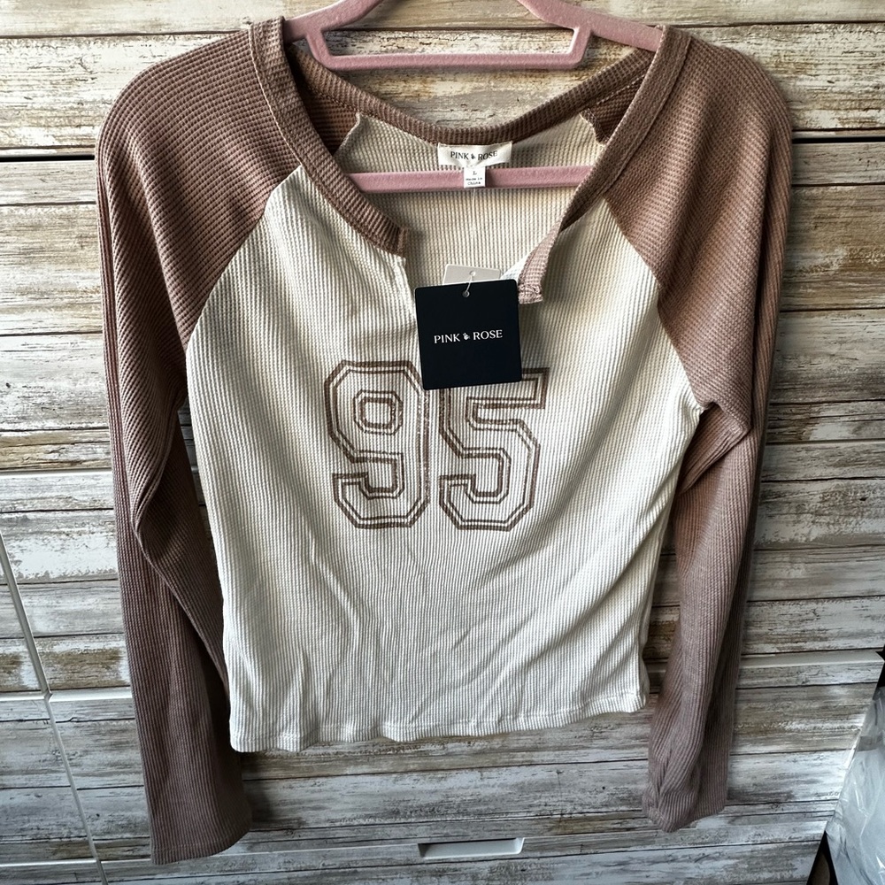 🤎 Pink Rose Juniors Large Waffle Knit 95 Raglan Long Sleeve Top NWT